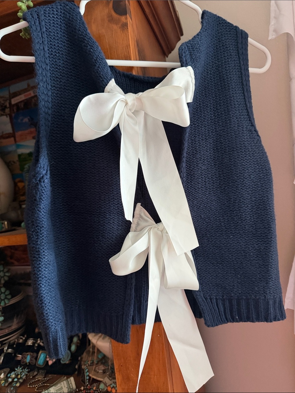 SHEIN Navy Knit Tank Top with White Ribbon Bows